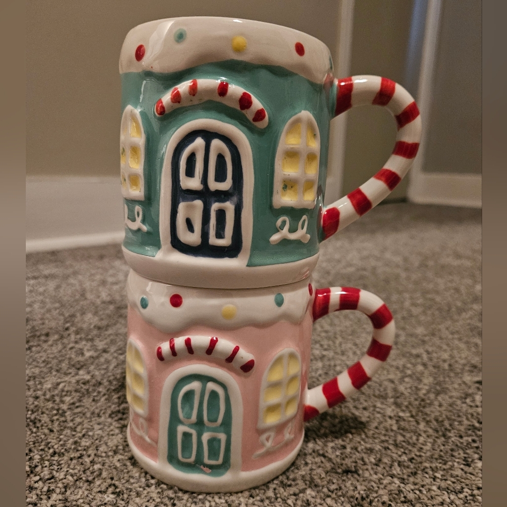Candied Gingerbread House Mug Set Pink & Blue Stackable